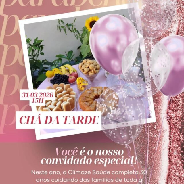 🌻 Vamoa celebrar! 

A Climaze Saúde tem a alegria de convidar você para celebrar conosco um momento muito especial: os nossos 30 anos de história.

Chegar até aqui só foi possível graças a pessoas como você, um paciente querido e abençoado, que confiou em nosso trabalho ao longo dessa caminhada. Somos muito gratos por acreditar que aqui não somos apenas uma clínica médica, mas uma família que acolhe, cuida e admira cada paciente com carinho e respeito.

Por isso, gostaríamos muito da sua presença para celebrar essa data tão importante. Saiba que você é uma das pessoas mais importantes desta festa, pois faz parte da nossa história.

Será uma alegria compartilhar esse momento com você! 💚

Climaze Saúde – 30 anos cuidando de você e da sua família. 🎉